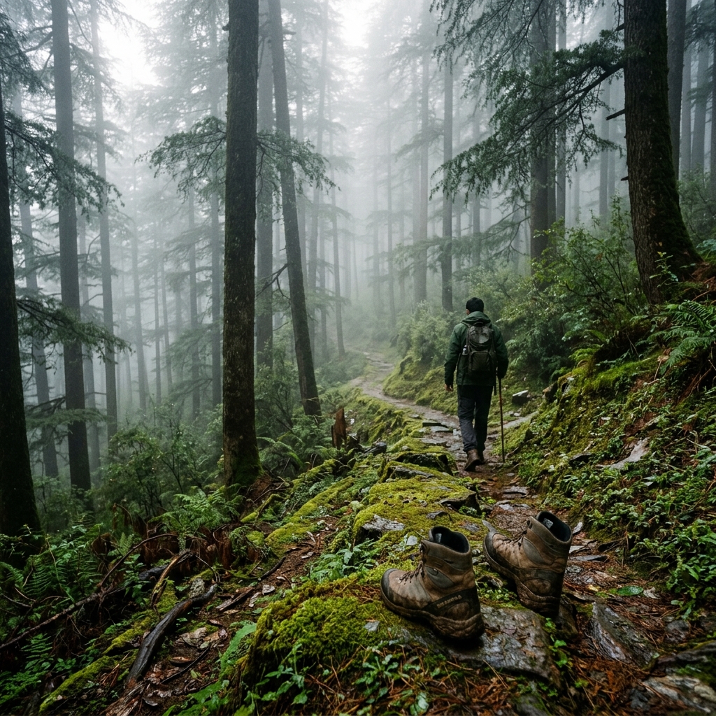 Misty forest trail in the hills